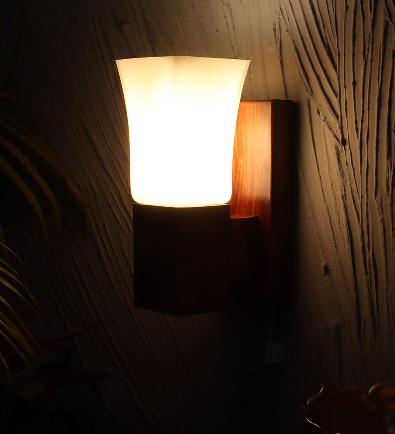 Green House 100% Handmade Sheesham Wood Wall Light Lamp | White Square Glass with E27 Bulb Holder(Bulb not Included) | Perfect Diwali Home Decor Lighting for Bedroom, Living Room, Dining Room, Hallway
