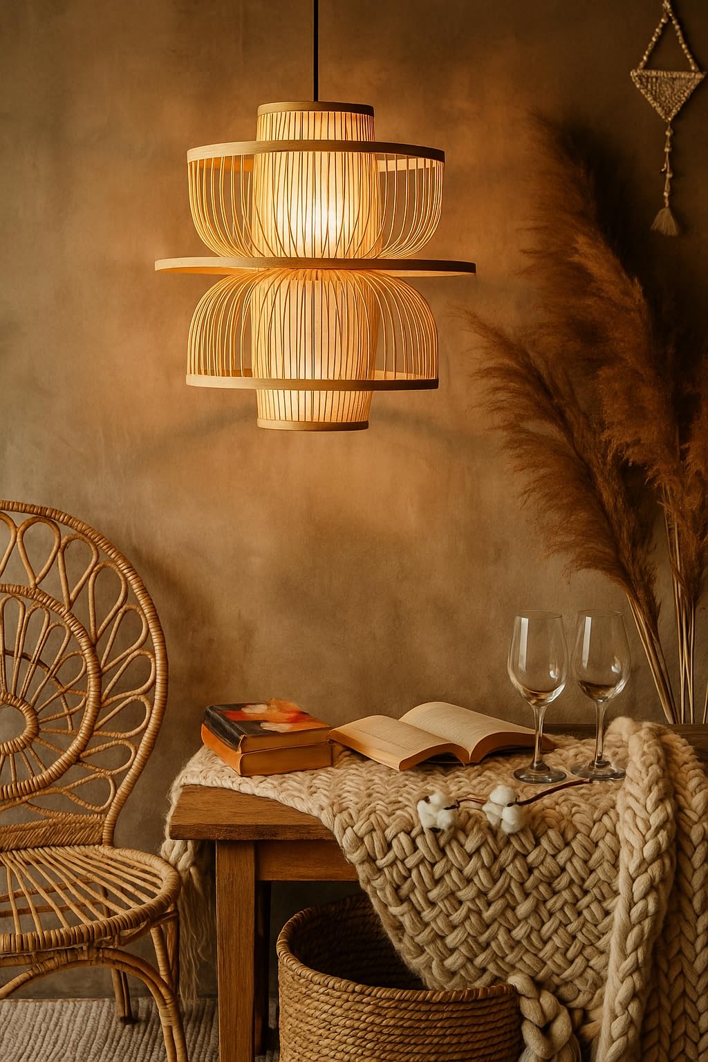 AKWAY Rattan Hanging lamp for Living Room | Bamboo Hanging Light for Bedroom | Cane Wicker Pendant lamp for Home Decoration (Bulb Not Included) (Bamboo Ceiling Lamp with Diffuser)