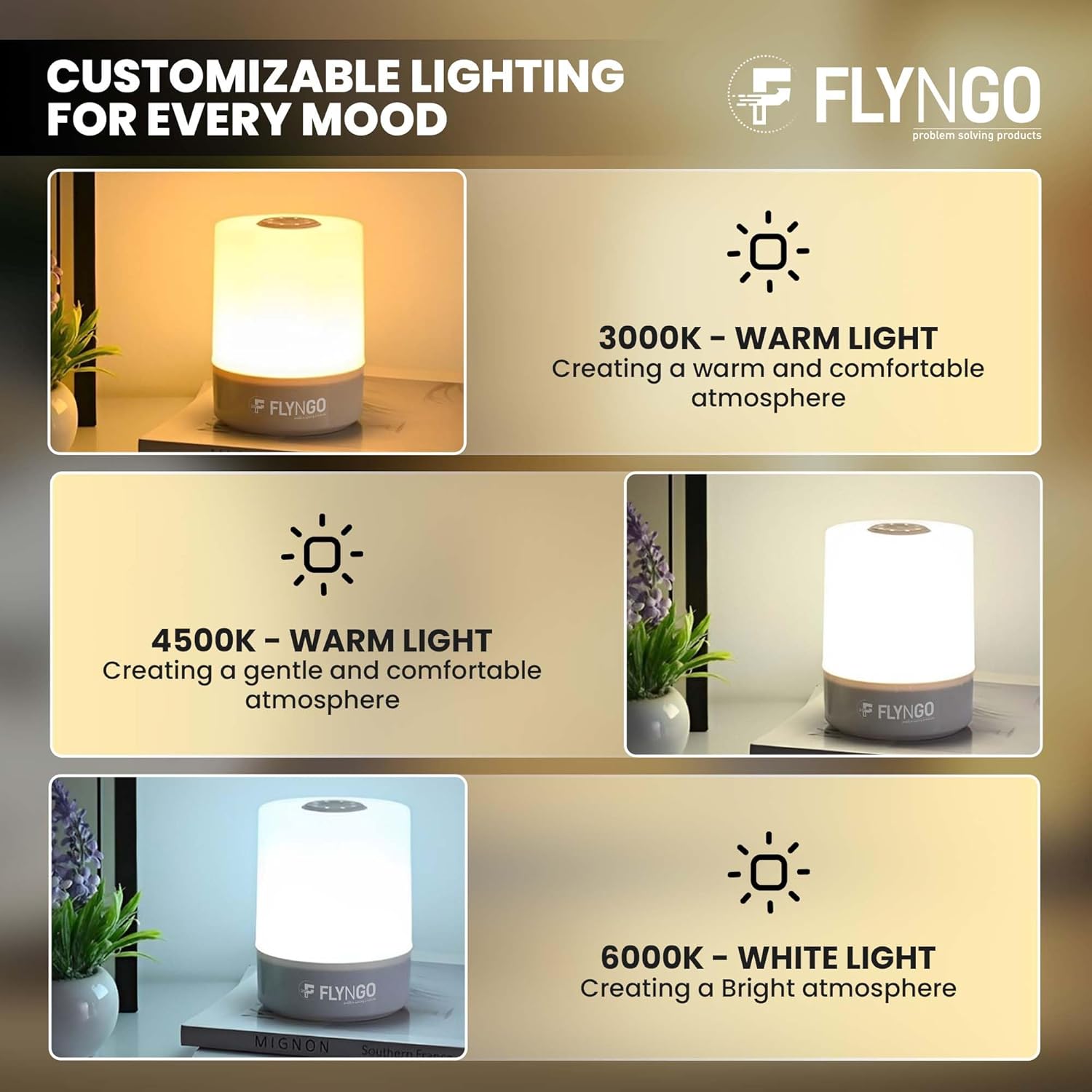 FLYNGO Touch Control LED Night Light Table Lamp for Bedroom, Living Room, and Study, with Adjustable Brightness, USB Rechargeable (A1)Plastic ,White