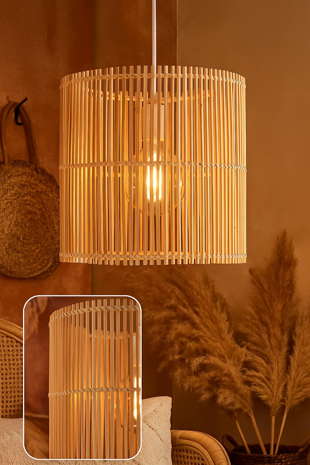 AKWAY Rattan Hanging lamp for Living Room | Bamboo Hanging Light for Bedroom | Cane Wicker Pendant lamp for Home Decoration (Bulb Not Included) (Bamboo Ceiling Lamp with Diffuser)