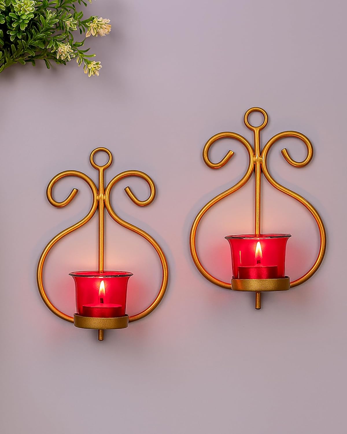 Homesake® Wall Candle Sconce Set of 2 Wrought Iron Candle Holder Hanging Wall Mounted Candle Sconces for Living Room Home Decor, Black with Glass and Free T-Light Candles (Eye Yellow Gold)