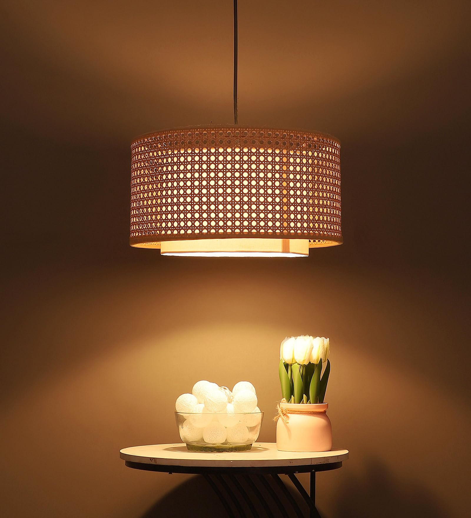 AKWAY Bamboo Hanging lamp for Living Room | Rattan Hanging lamp | Cane Pendant Light for Home Decoration (12" Dia x 6" H) (Bulb not Included)