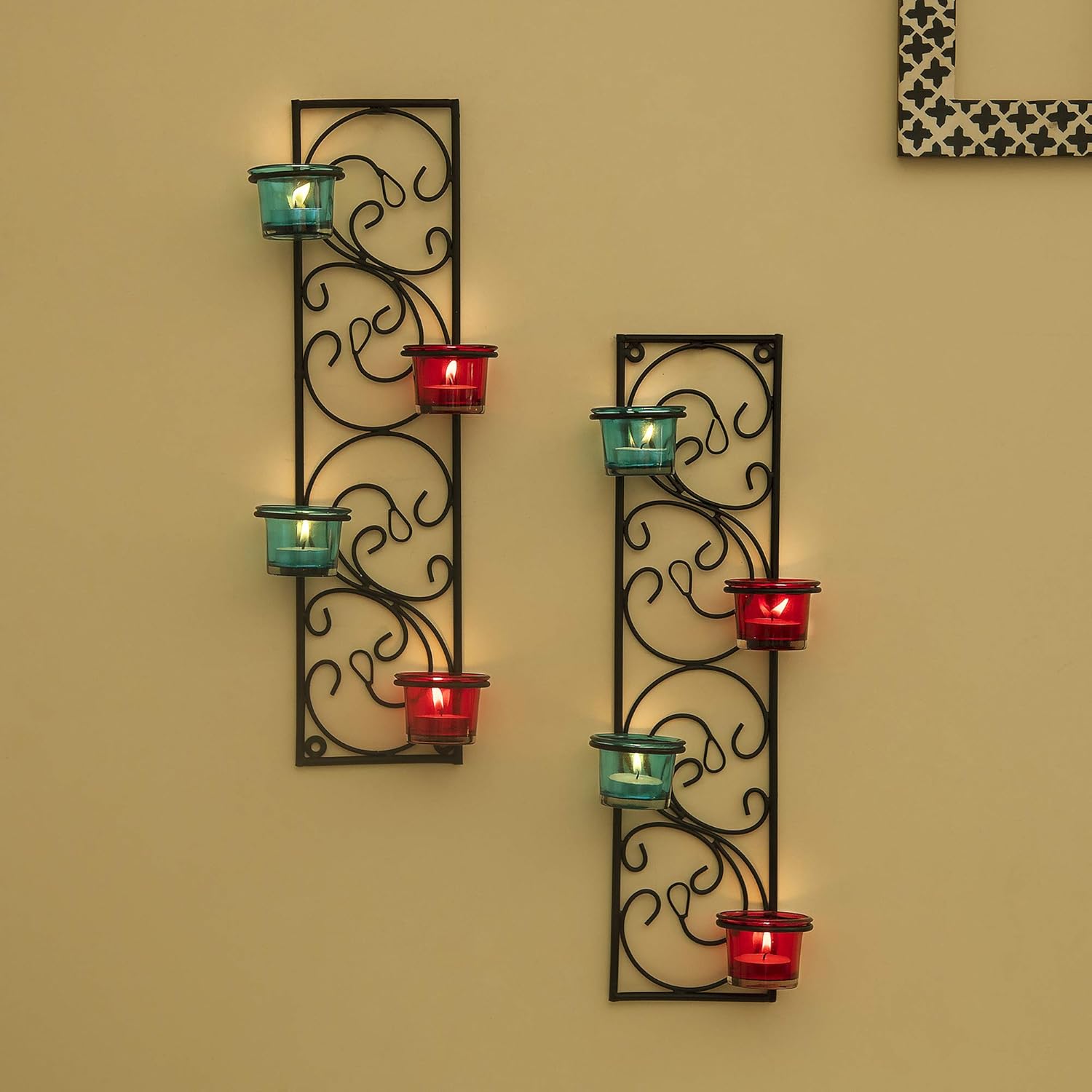 Homesake® Wall Candle Sconce Set of 2 Wrought Iron Candle Holder Hanging Wall Mounted Candle Sconces for Living Room Home Decor, Black with Glass and Free T-Light Candles (Eye Yellow Gold)