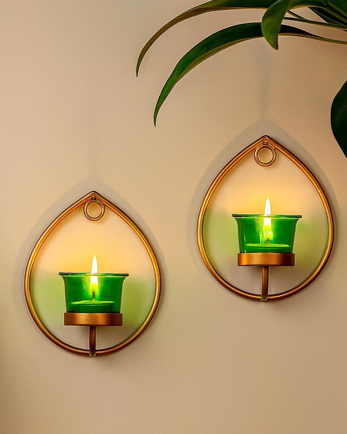 Homesake® Wall Candle Sconce Set of 2 Wrought Iron Candle Holder Hanging Wall Mounted Candle Sconces for Living Room Home Decor, Black with Glass and Free T-Light Candles (Eye Yellow Gold)