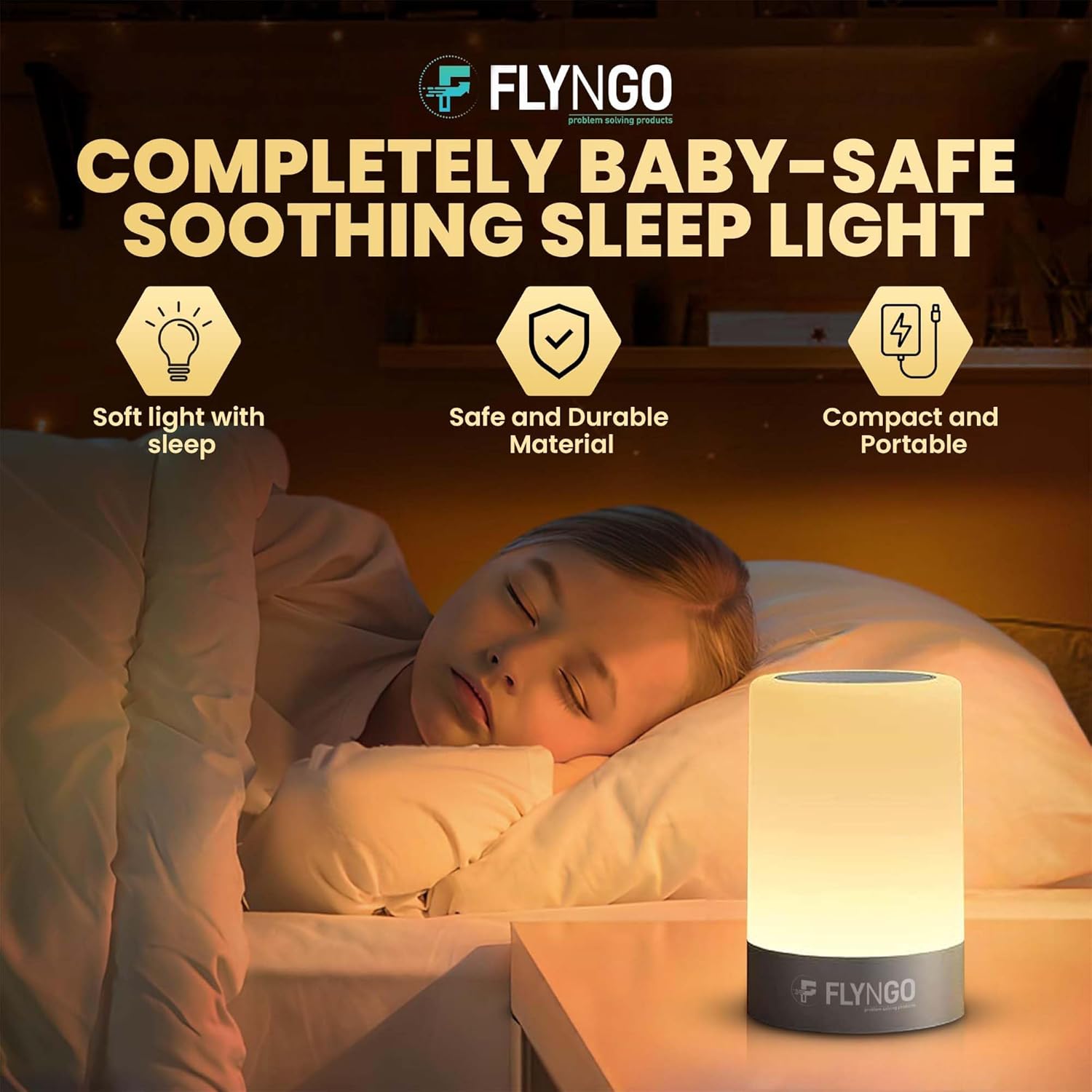 FLYNGO Touch Control LED Night Light Table Lamp for Bedroom, Living Room, and Study, with Adjustable Brightness, USB Rechargeable (A1)Plastic ,White