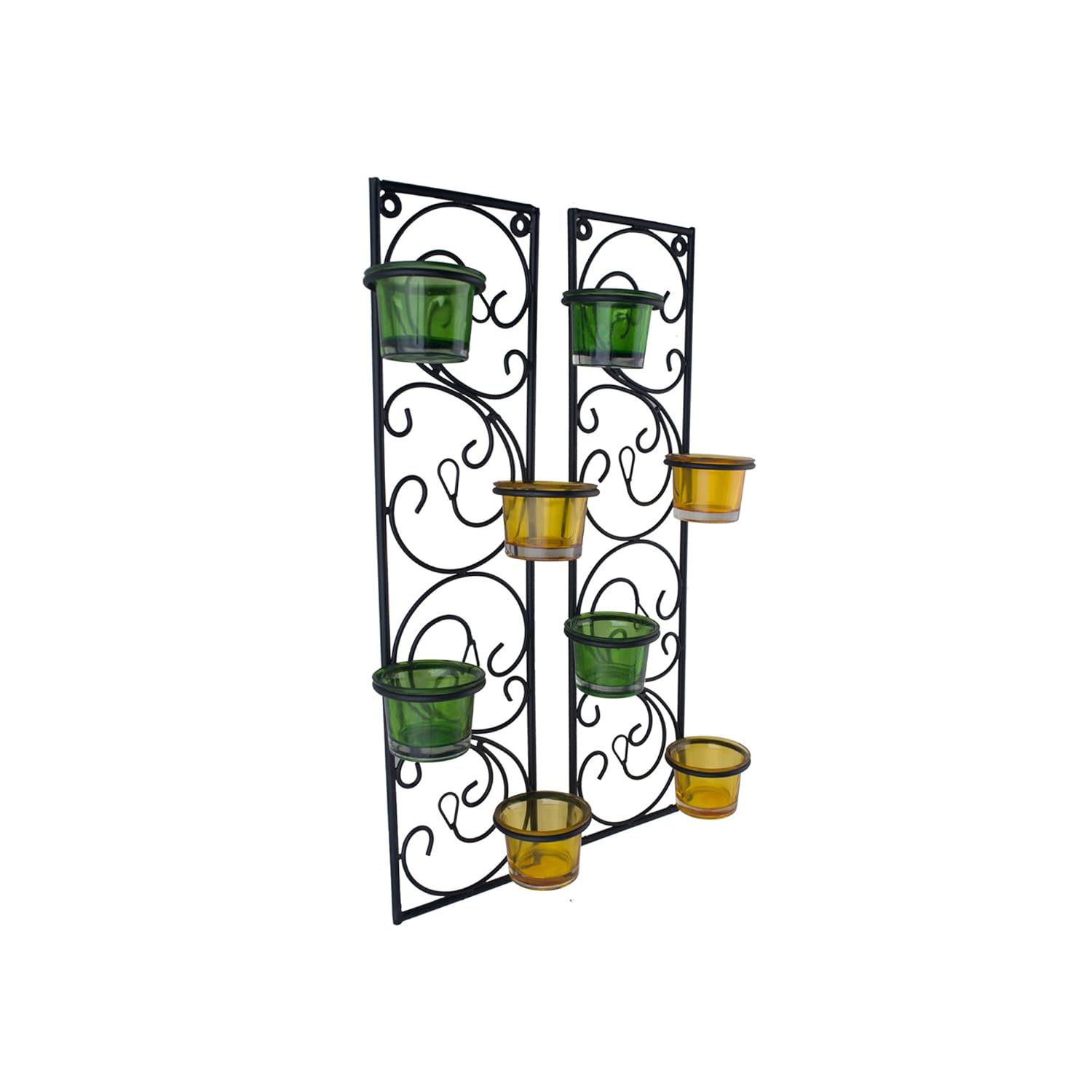 Homesake® Wall Candle Sconce Set of 2 Wrought Iron Candle Holder Hanging Wall Mounted Candle Sconces for Living Room Home Decor, Black with Glass and Free T-Light Candles (Eye Yellow Gold)