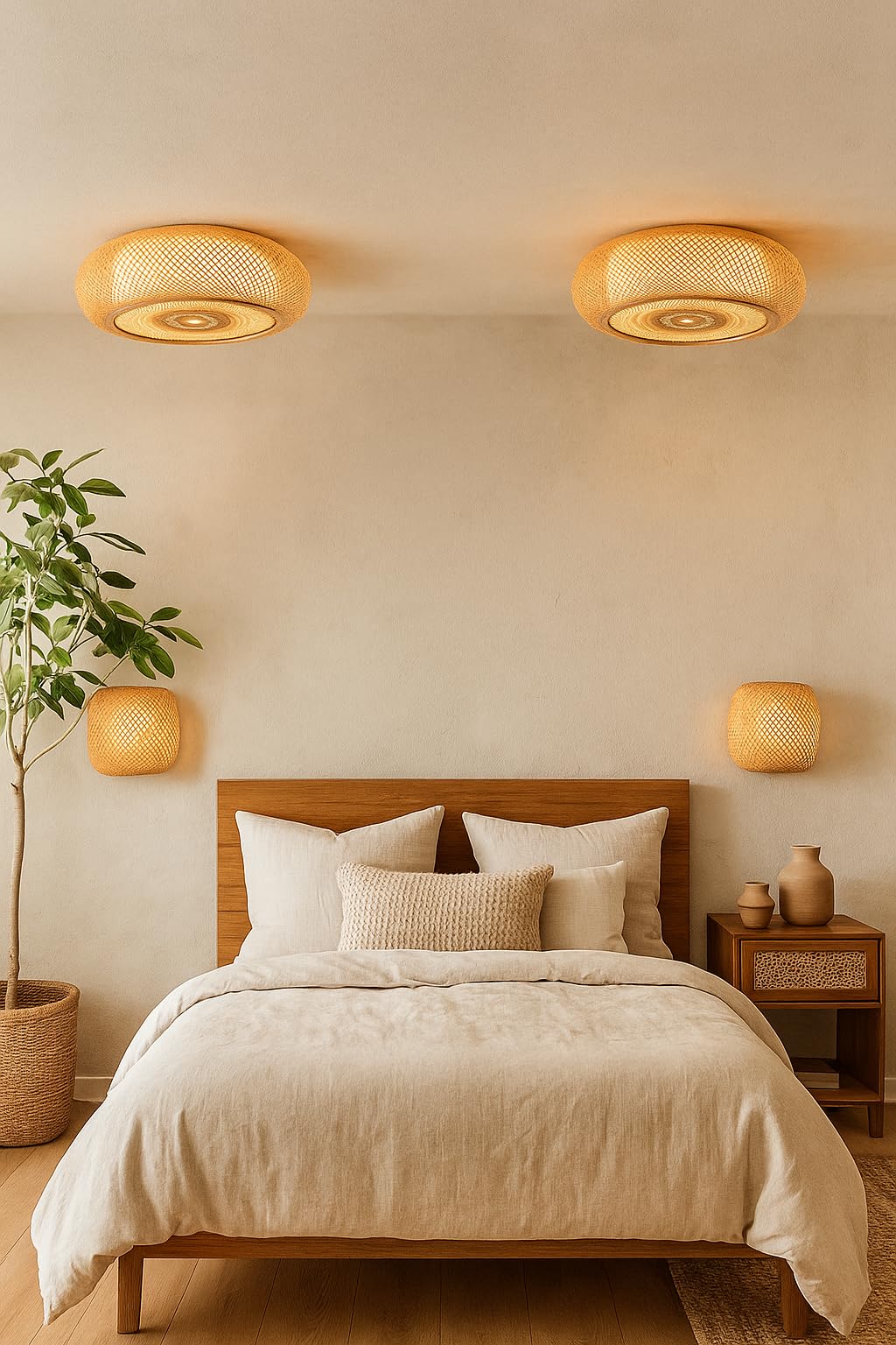 AKWAY Rattan Hanging lamp for Living Room | Bamboo Hanging Light for Bedroom | Cane Wicker Pendant lamp for Home Decoration (Bulb Not Included) (Bamboo Ceiling Lamp with Diffuser)