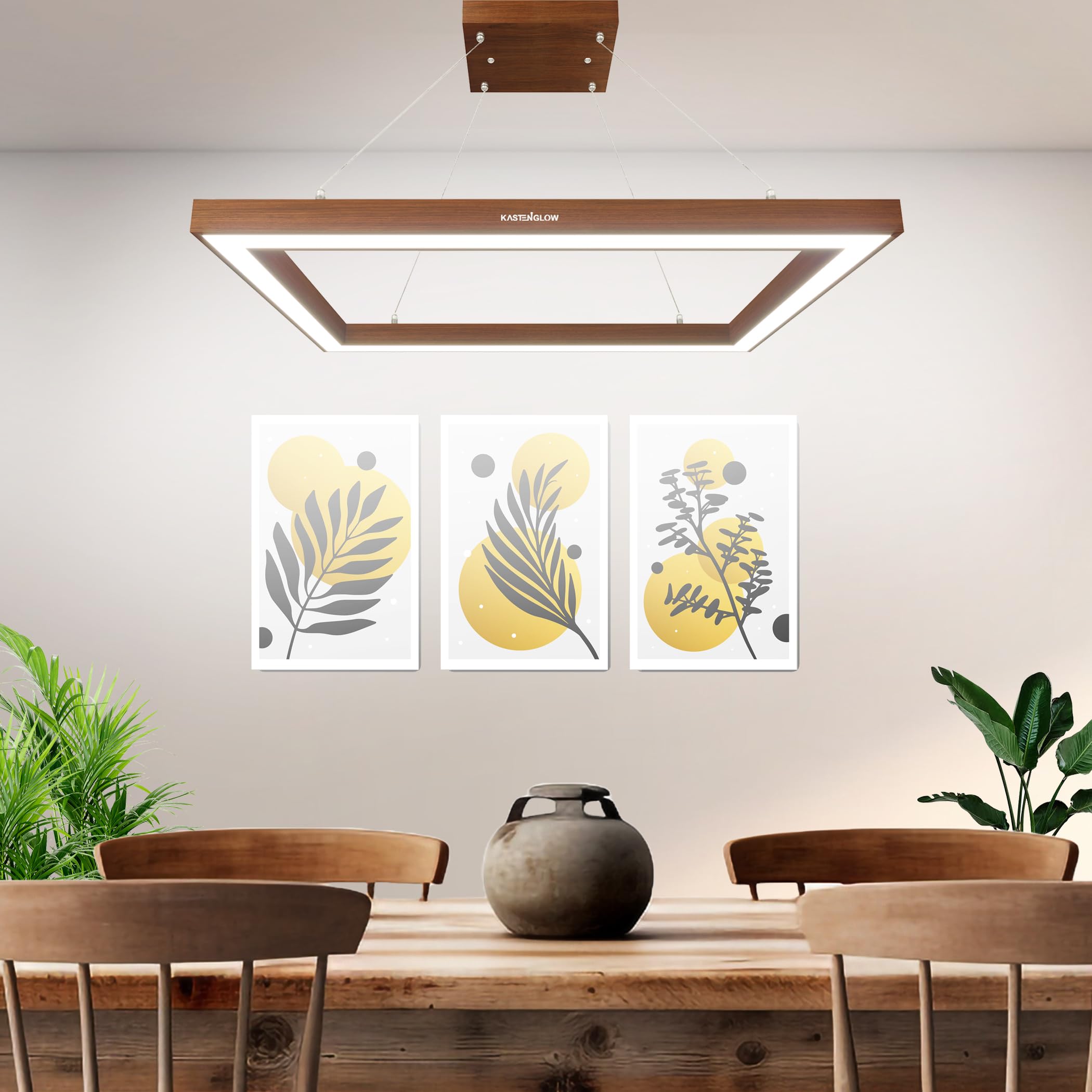 Decorative Rectangular LED Pendant Hanging Linear Lights, Wooden Ceiling Light for Living Room, Office, Dining Table, Kitchen | Wallnut Brown | 70×40 cm (28″×16″) - White LED