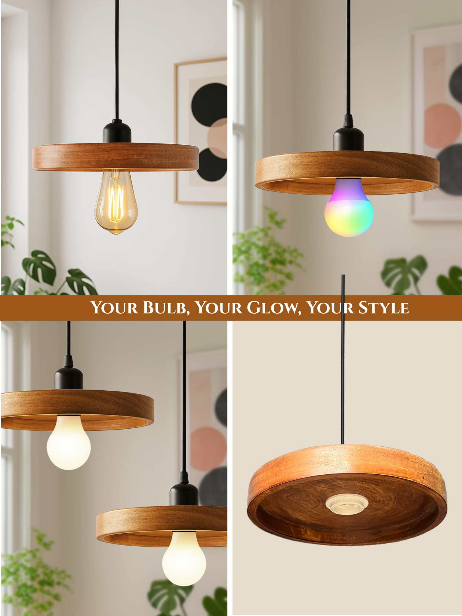 Wooden Hanging Lights for Living Room | Handcrafted Walnut Finish Ceiling Hanging Lamp | Adjustable Cord | Elegant Pendant Lights for Bedroom, Kitchen & Balcony Décor (LARGE-10 INCH)