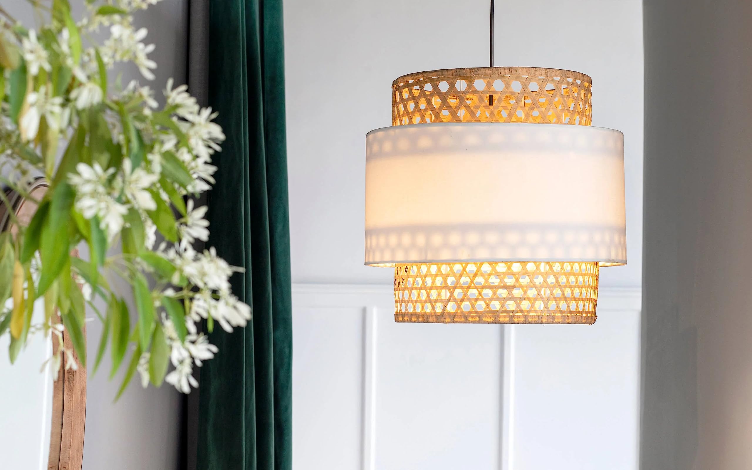 AKWAY Rattan Hanging lamp for Living Room | Bamboo Hanging Light for Bedroom | Cane Wicker Pendant lamp for Home Decoration (Bulb Not Included) (Bamboo Ceiling Lamp with Diffuser)