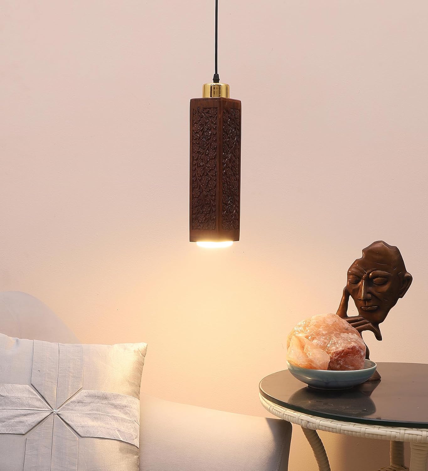 Green House Fully Handmade Sheesham Wood Hanging/Ceiling/Pendant Light | Intricate Carving | 9W in-Built Warm White LED | Brass Rivets | Perfect for Bedroom, Kitchen, Dining Room, Hallway