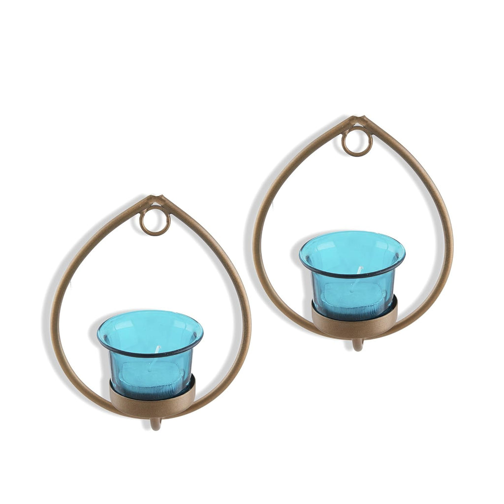 Homesake® Wall Candle Sconce Set of 2 Wrought Iron Candle Holder Hanging Wall Mounted Candle Sconces for Living Room Home Decor, Black with Glass and Free T-Light Candles (Eye Yellow Gold)