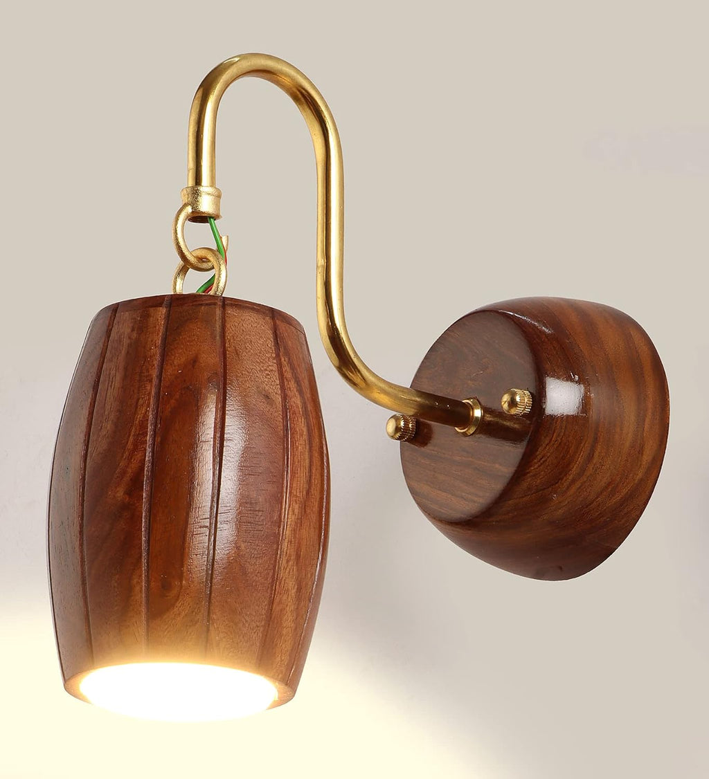 Green House Handmade Sheesham Wood Wall Light Lamp | Unique Barrel Design | Stylish Fancy Home Decor Lighting | In-Built 9W Warm White LED | Decorative Lighting for Bedroom, Living Room, Dining Room