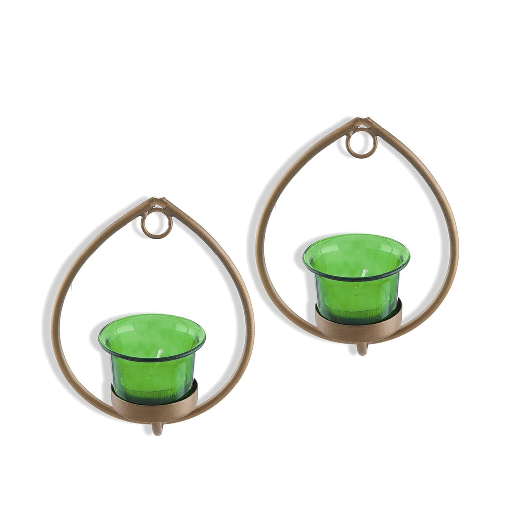 Homesake® Wall Candle Sconce Set of 2 Wrought Iron Candle Holder Hanging Wall Mounted Candle Sconces for Living Room Home Decor, Black with Glass and Free T-Light Candles (Eye Yellow Gold)