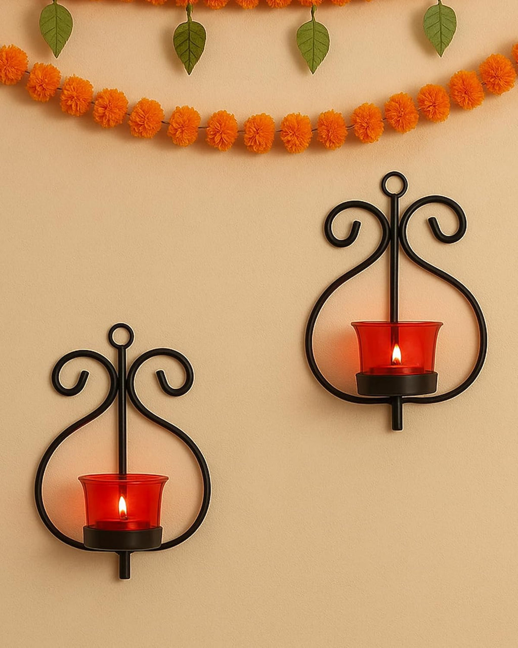 Homesake® Wall Candle Sconce Set of 2 Wrought Iron Candle Holder Hanging Wall Mounted Candle Sconces for Living Room Home Decor, Black with Glass and Free T-Light Candles (Eye Yellow Gold)