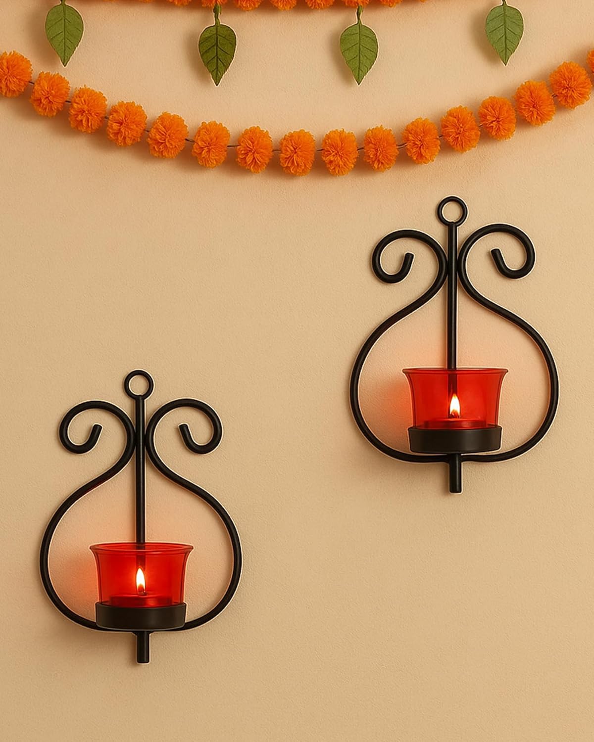 Homesake® Wall Candle Sconce Set of 2 Wrought Iron Candle Holder Hanging Wall Mounted Candle Sconces for Living Room Home Decor, Black with Glass and Free T-Light Candles (Eye Yellow Gold)