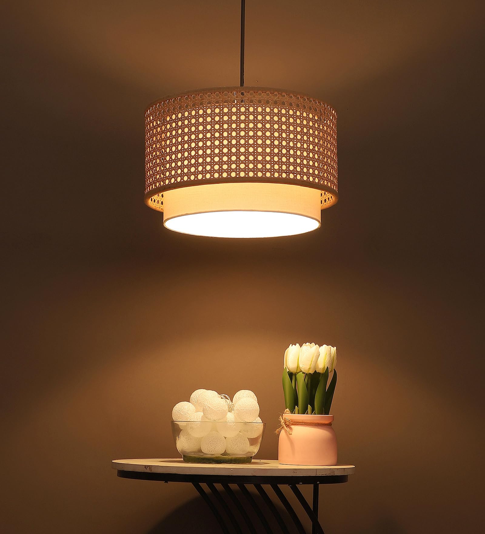 AKWAY Bamboo Hanging lamp for Living Room | Rattan Hanging lamp | Cane Pendant Light for Home Decoration (12" Dia x 6" H) (Bulb not Included)