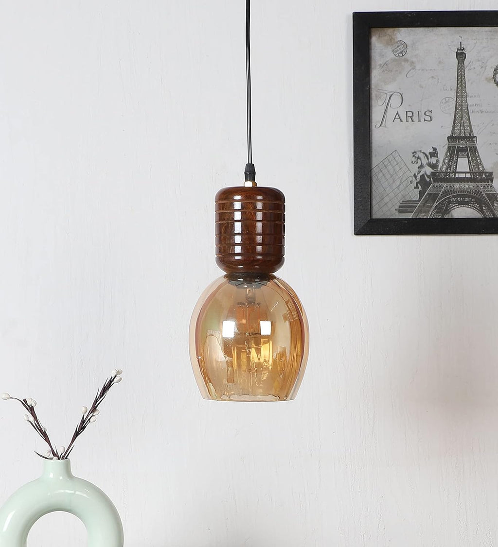 Green House Handmade Sheesham Wood Hanging Pendant Ceiling Jhumar | Home Decor Lighting | E27 Bulb Holder(Bulb not Included) | Lustre Glass | Living Room, Dining Room, Bedroom, Hallway