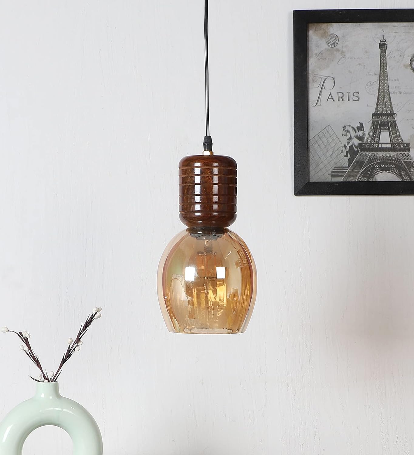 Green House Handmade Sheesham Wood Hanging Pendant Ceiling Jhumar | Home Decor Lighting | E27 Bulb Holder(Bulb not Included) | Lustre Glass | Living Room, Dining Room, Bedroom, Hallway