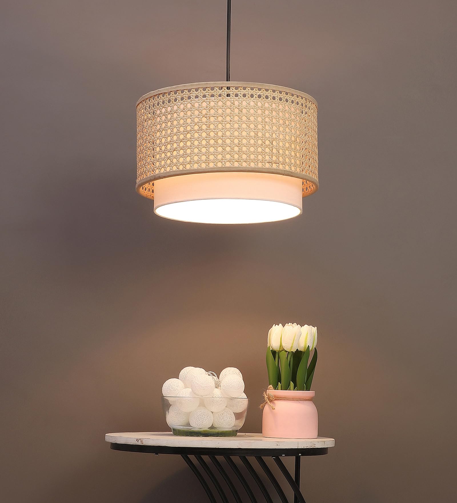 AKWAY Bamboo Hanging lamp for Living Room | Rattan Hanging lamp | Cane Pendant Light for Home Decoration (12" Dia x 6" H) (Bulb not Included)