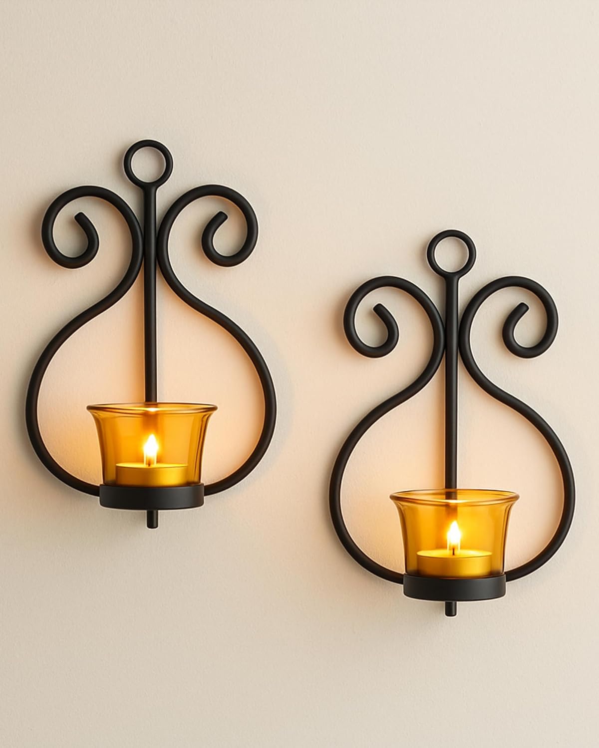 Homesake® Wall Candle Sconce Set of 2 Wrought Iron Candle Holder Hanging Wall Mounted Candle Sconces for Living Room Home Decor, Black with Glass and Free T-Light Candles (Eye Yellow Gold)