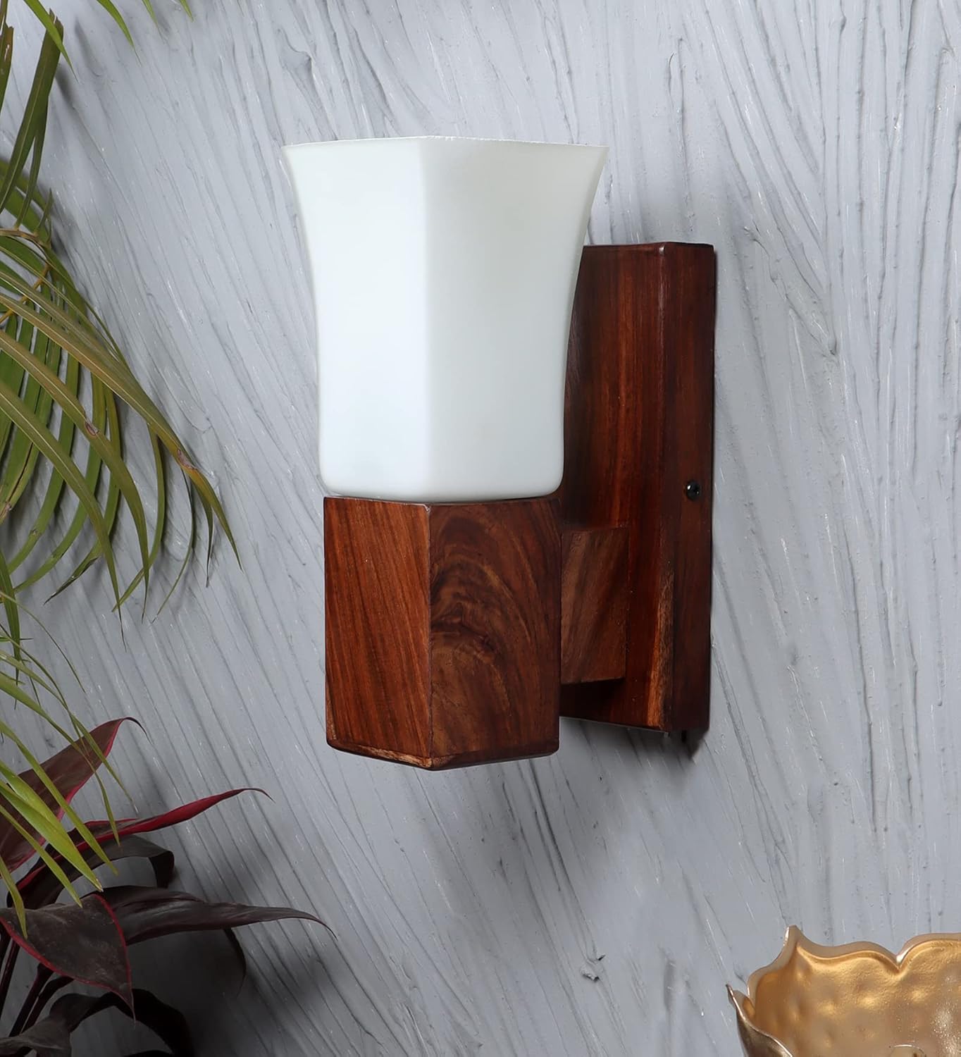 Green House 100% Handmade Sheesham Wood Wall Light Lamp | White Square Glass with E27 Bulb Holder(Bulb not Included) | Perfect Diwali Home Decor Lighting for Bedroom, Living Room, Dining Room, Hallway