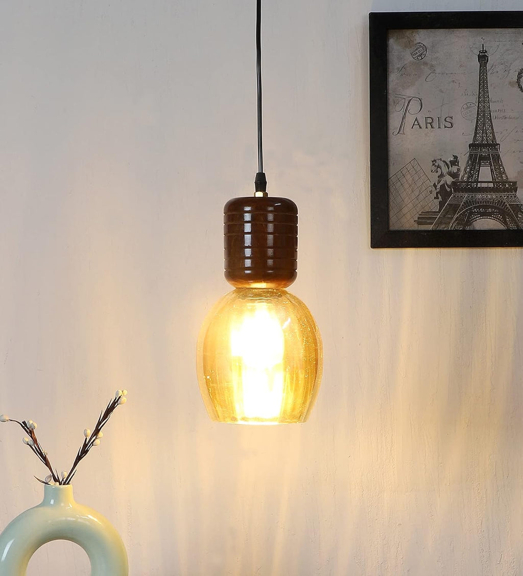 Green House Handmade Sheesham Wood Hanging Pendant Ceiling Jhumar | Home Decor Lighting | E27 Bulb Holder(Bulb not Included) | Lustre Glass | Living Room, Dining Room, Bedroom, Hallway