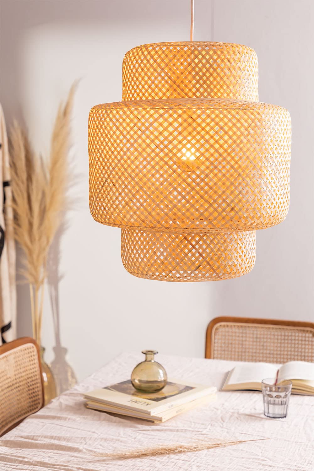 AKWAY Rattan Hanging lamp for Living Room | Bamboo Hanging Light for Bedroom | Cane Wicker Pendant lamp for Home Decoration (Bulb Not Included) (Bamboo Ceiling Lamp with Diffuser)
