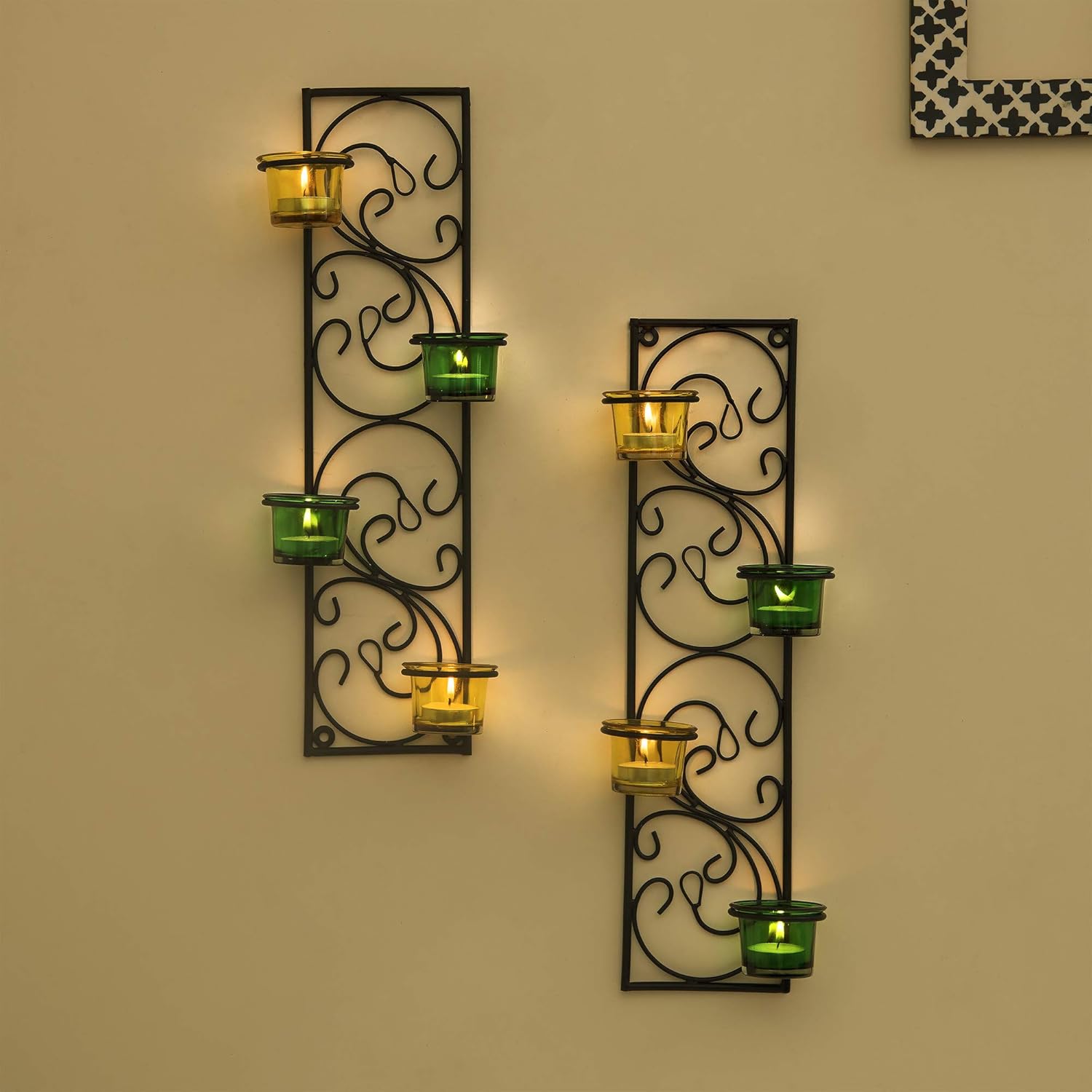 Homesake® Wall Candle Sconce Set of 2 Wrought Iron Candle Holder Hanging Wall Mounted Candle Sconces for Living Room Home Decor, Black with Glass and Free T-Light Candles (Eye Yellow Gold)