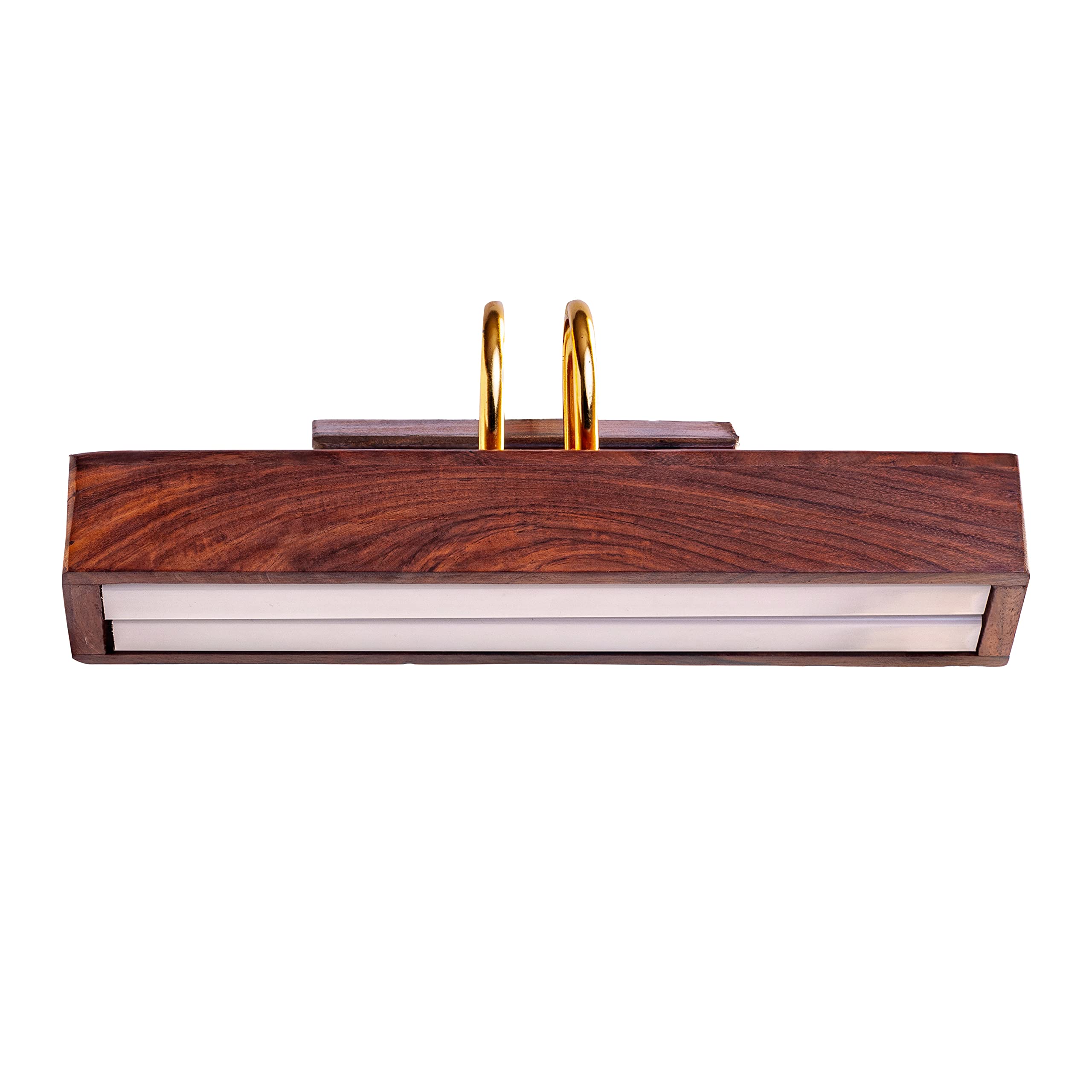 Green House Handmade Sheesham Wood Wall Light for Dressing Table/Mirror/Vanity/Bedroom/Bathroom/Living Room with 10W in-Built Tri-Colour LED/9 inches Wide/Gold Plated Brass Bands/Rivets/Moving Set