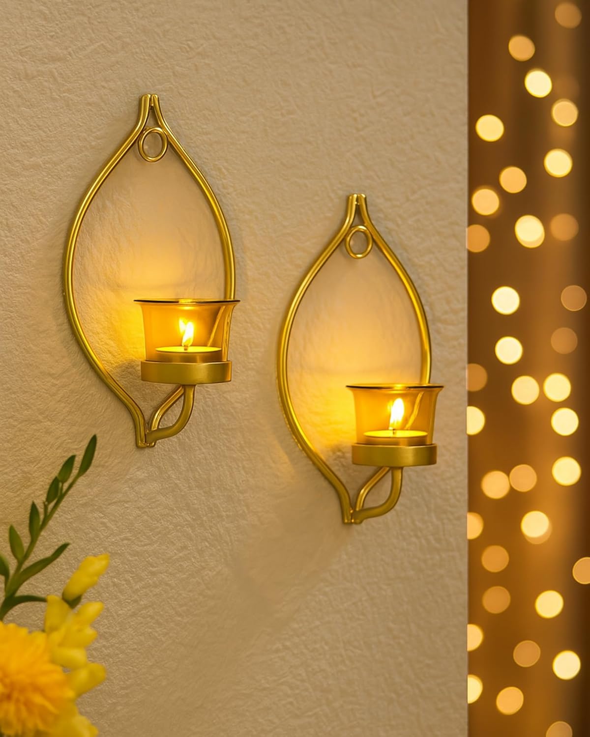 Homesake® Wall Candle Sconce Set of 2 Wrought Iron Candle Holder Hanging Wall Mounted Candle Sconces for Living Room Home Decor, Black with Glass and Free T-Light Candles (Eye Yellow Gold)
