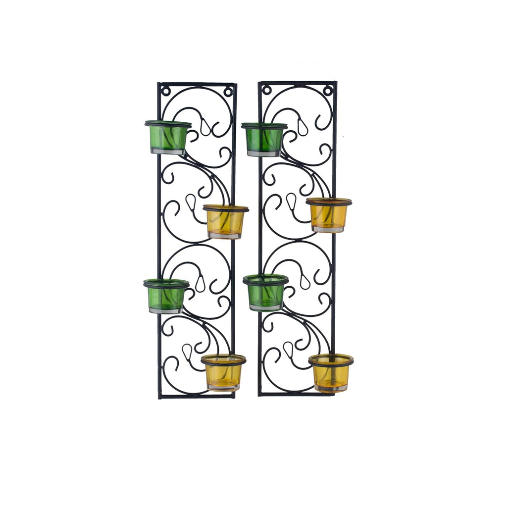 Homesake® Wall Candle Sconce Set of 2 Wrought Iron Candle Holder Hanging Wall Mounted Candle Sconces for Living Room Home Decor, Black with Glass and Free T-Light Candles (Eye Yellow Gold)