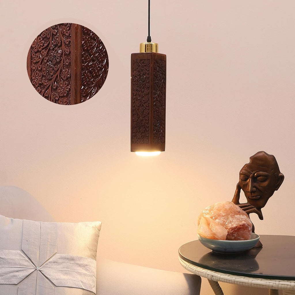 Green House Fully Handmade Sheesham Wood Hanging/Ceiling/Pendant Light | Intricate Carving | 9W in-Built Warm White LED | Brass Rivets | Perfect for Bedroom, Kitchen, Dining Room, Hallway