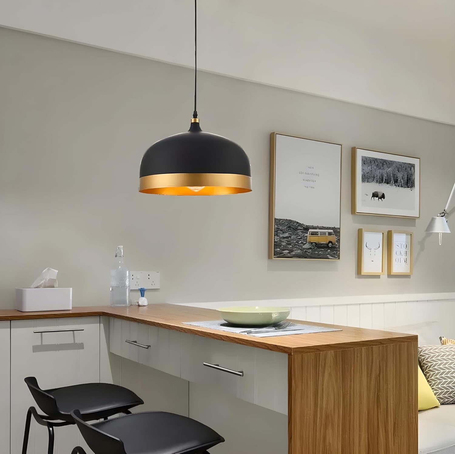 Morden Metallic Black and Golden Pendant Hanging Lamp, 10 inch, E-27 Holder, for Living Room (Without Bulb)