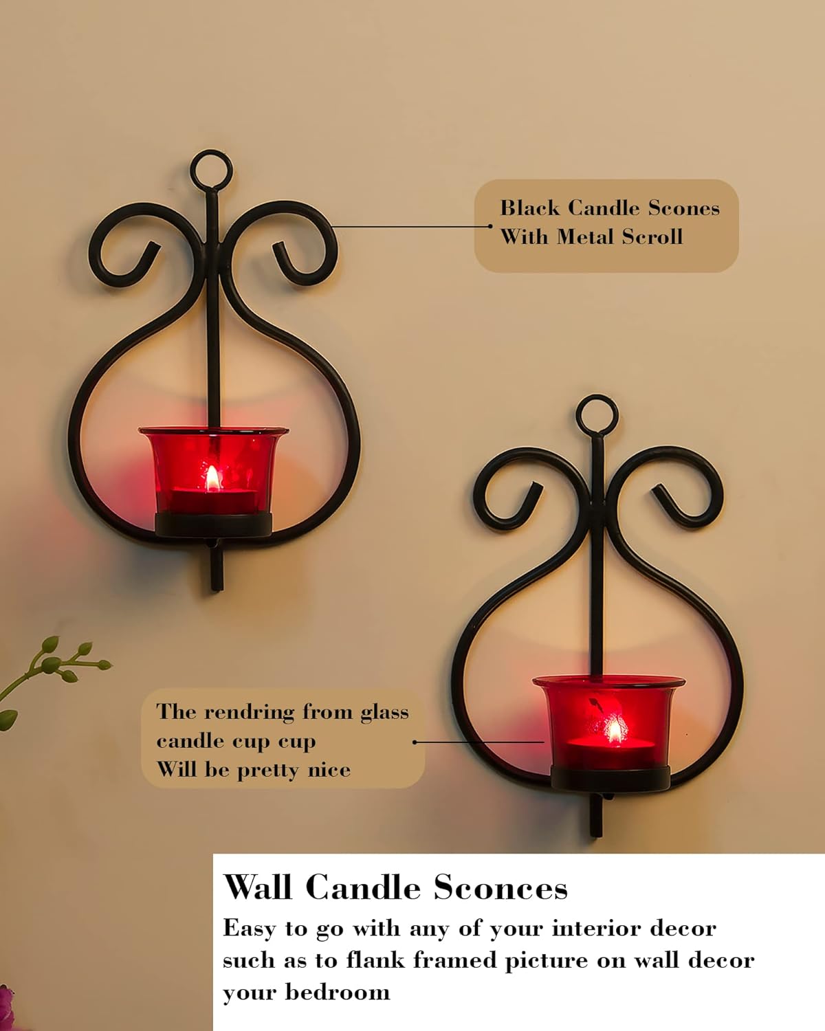 Homesake® Wall Candle Sconce Set of 2 Wrought Iron Candle Holder Hanging Wall Mounted Candle Sconces for Living Room Home Decor, Black with Glass and Free T-Light Candles (Eye Yellow Gold)
