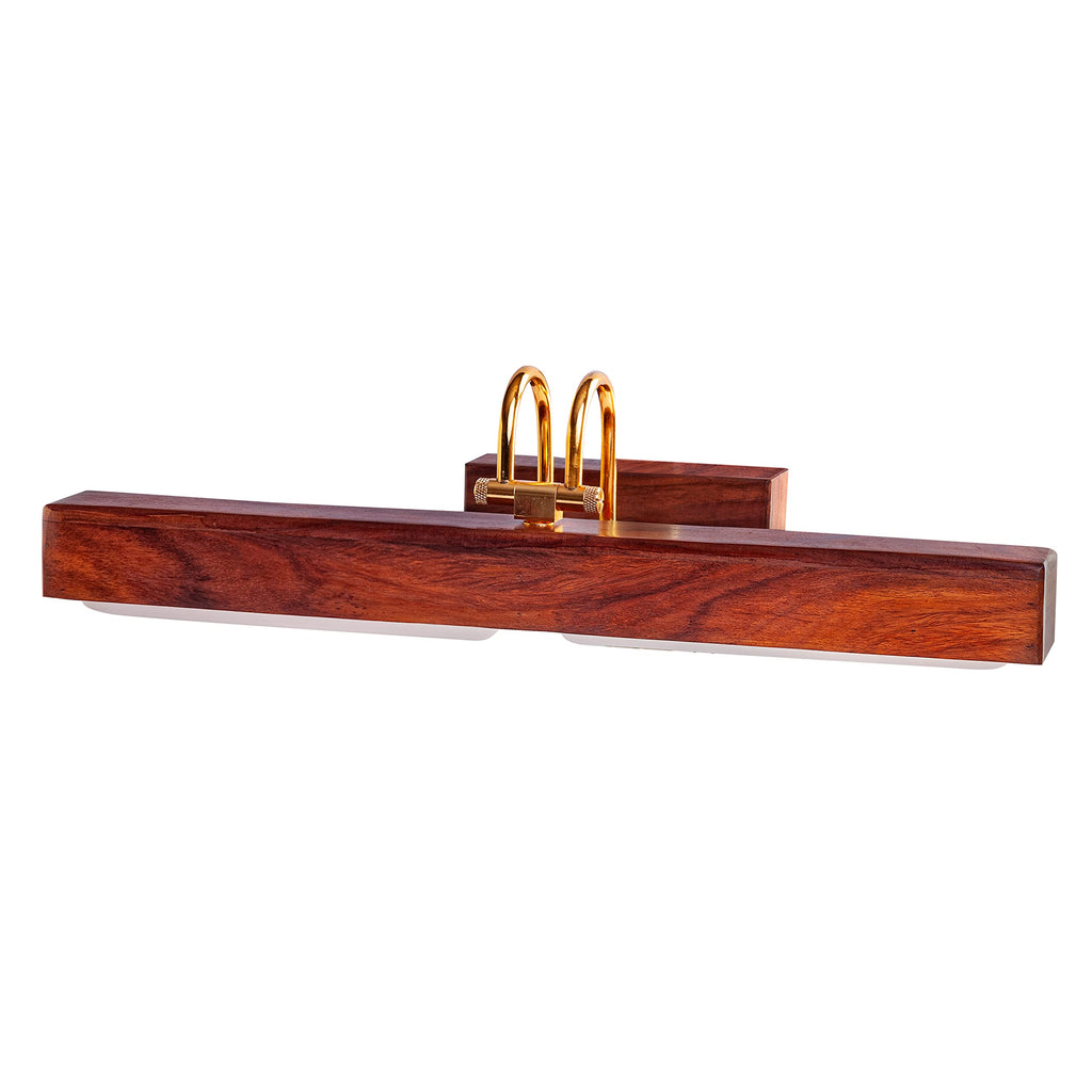Green House Handmade Sheesham Wood Wall Light for Dressing Table/Mirror/Vanity/Bedroom/Bathroom/Living Room with 10W in-Built Tri-Colour LED/9 inches Wide/Gold Plated Brass Bands/Rivets/Moving Set