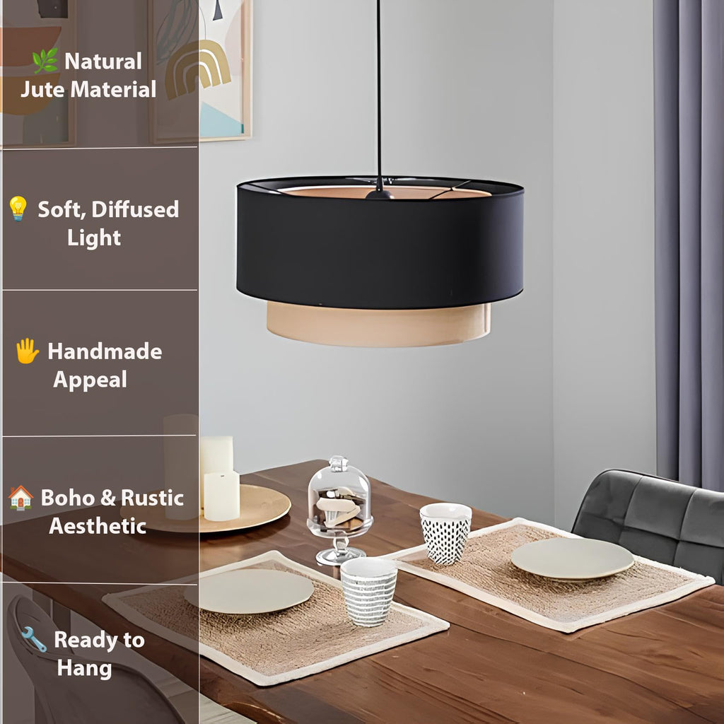 AKWAY Jute Hanging Lamp | Boho Ceiling Lamp for Bedroom, Living Room | Natural Jute Pendant Light | Perfect for Living Room, Dining Room or Office Lighting (16" D x 10" H) - Keya