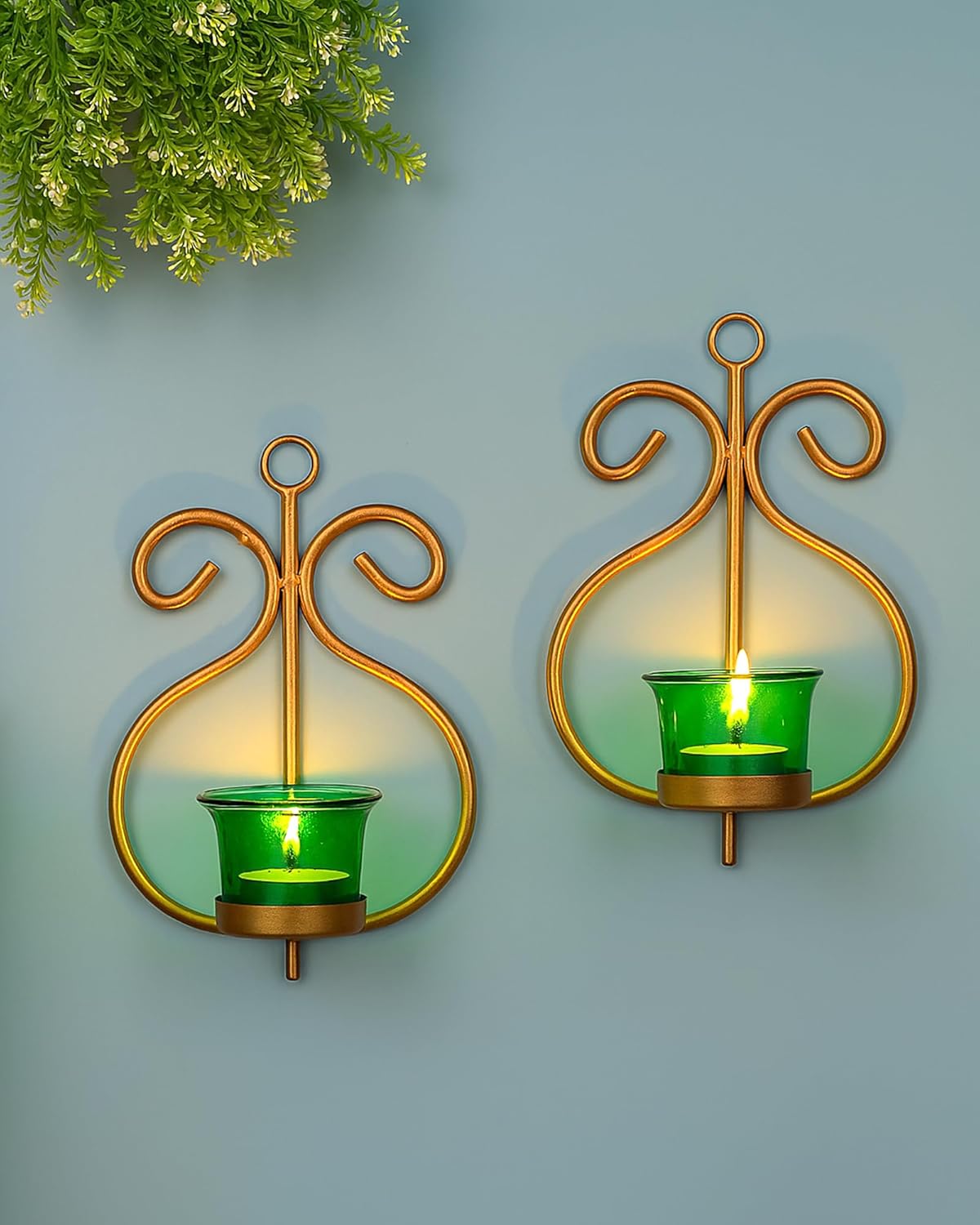 Homesake® Wall Candle Sconce Set of 2 Wrought Iron Candle Holder Hanging Wall Mounted Candle Sconces for Living Room Home Decor, Black with Glass and Free T-Light Candles (Eye Yellow Gold)