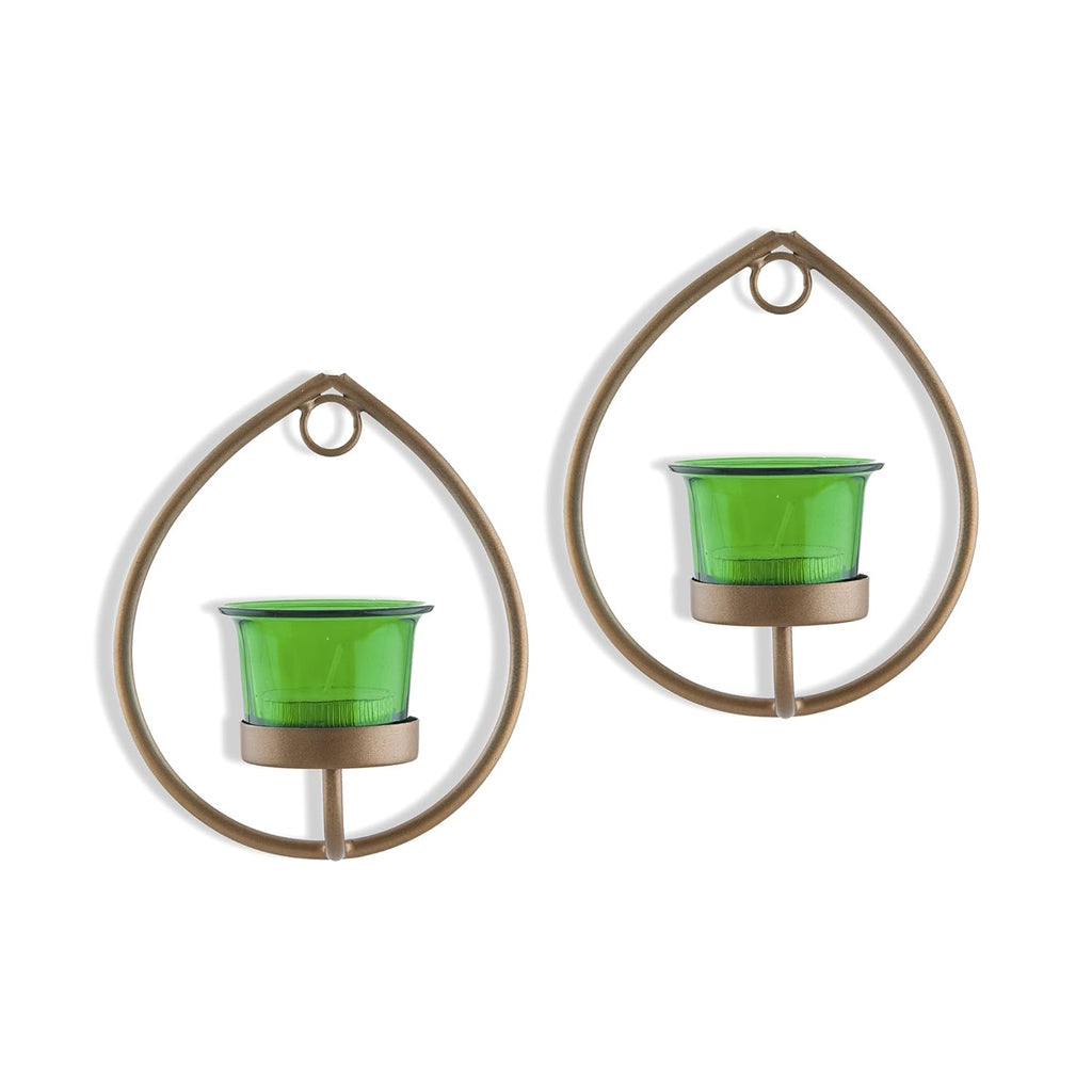 Homesake® Wall Candle Sconce Set of 2 Wrought Iron Candle Holder Hanging Wall Mounted Candle Sconces for Living Room Home Decor, Black with Glass and Free T-Light Candles (Eye Yellow Gold)