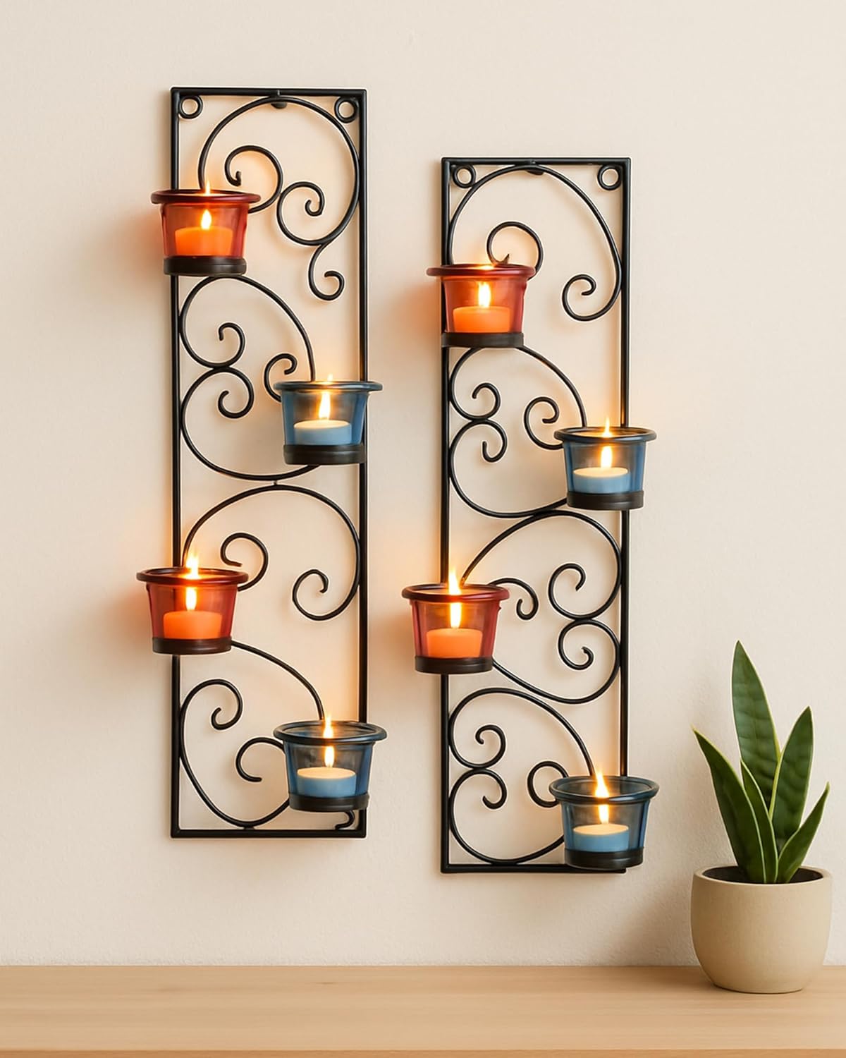 Homesake® Wall Candle Sconce Set of 2 Wrought Iron Candle Holder Hanging Wall Mounted Candle Sconces for Living Room Home Decor, Black with Glass and Free T-Light Candles (Eye Yellow Gold)