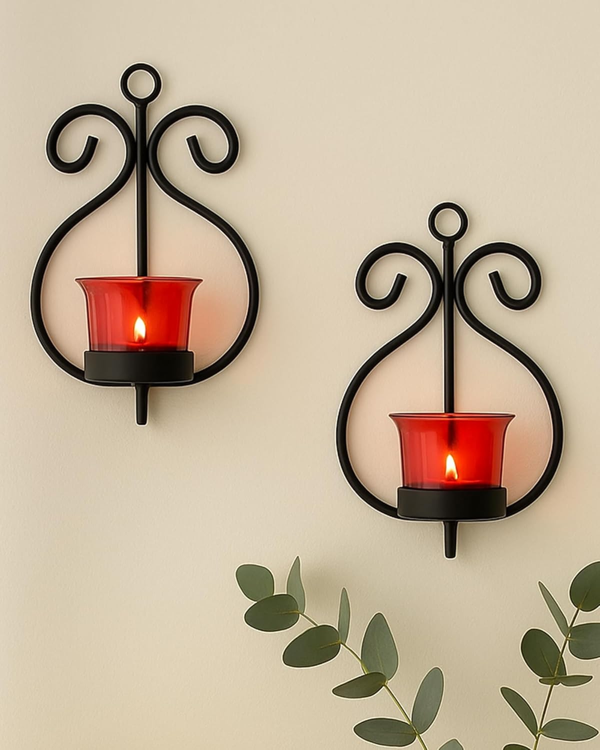 Homesake® Wall Candle Sconce Set of 2 Wrought Iron Candle Holder Hanging Wall Mounted Candle Sconces for Living Room Home Decor, Black with Glass and Free T-Light Candles (Eye Yellow Gold)