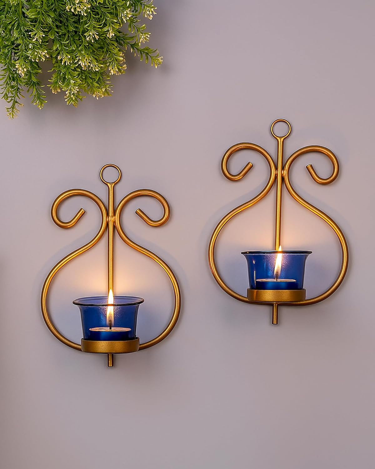 Homesake® Wall Candle Sconce Set of 2 Wrought Iron Candle Holder Hanging Wall Mounted Candle Sconces for Living Room Home Decor, Black with Glass and Free T-Light Candles (Eye Yellow Gold)