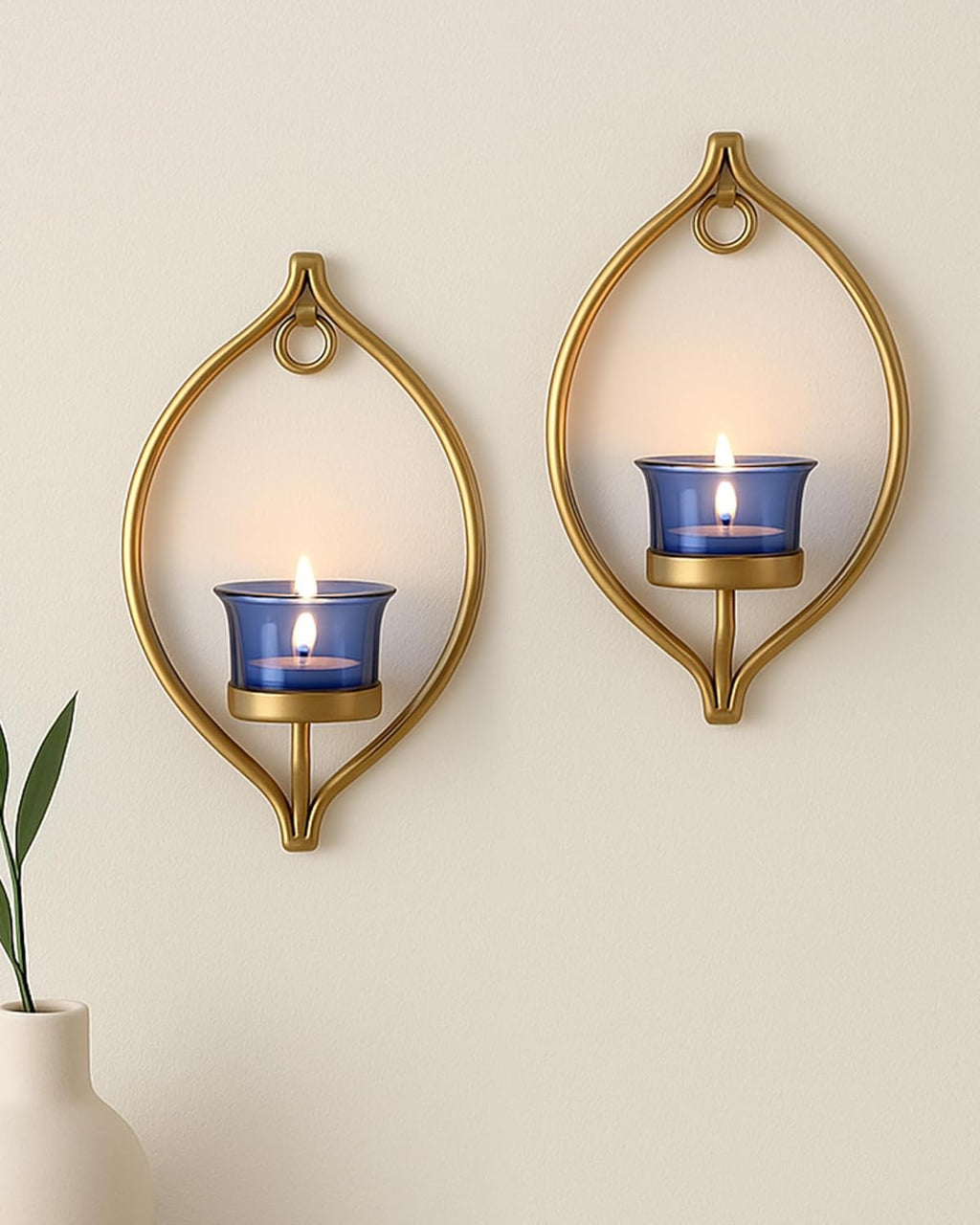 Homesake® Wall Candle Sconce Set of 2 Wrought Iron Candle Holder Hanging Wall Mounted Candle Sconces for Living Room Home Decor, Black with Glass and Free T-Light Candles (Eye Yellow Gold)