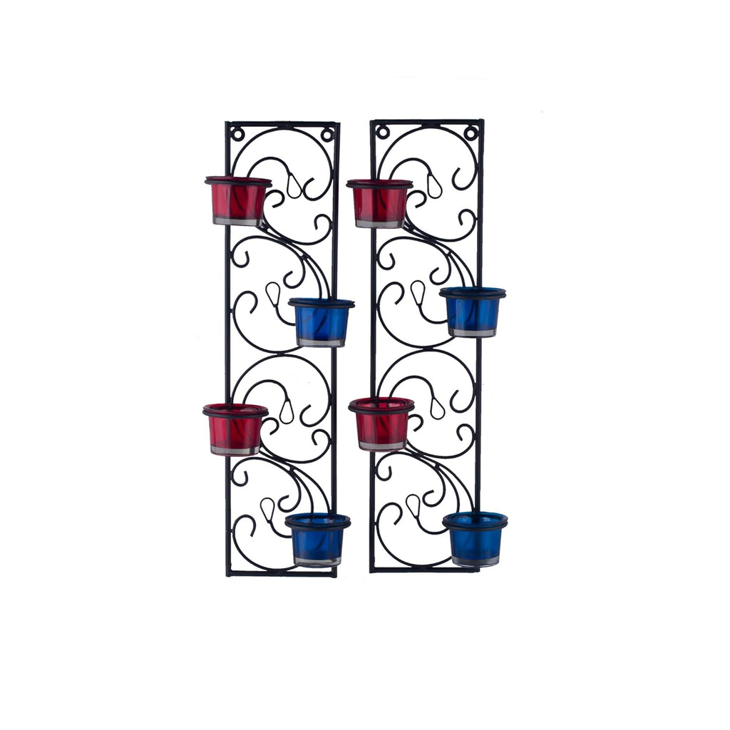 Homesake® Wall Candle Sconce Set of 2 Wrought Iron Candle Holder Hanging Wall Mounted Candle Sconces for Living Room Home Decor, Black with Glass and Free T-Light Candles (Eye Yellow Gold)