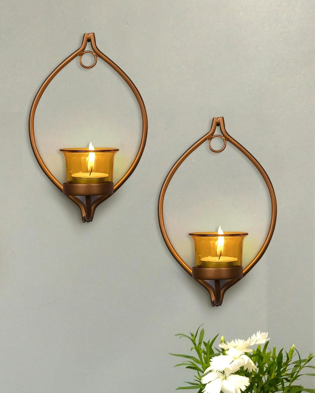 Homesake® Wall Candle Sconce Set of 2 Wrought Iron Candle Holder Hanging Wall Mounted Candle Sconces for Living Room Home Decor, Black with Glass and Free T-Light Candles (Eye Yellow Gold)