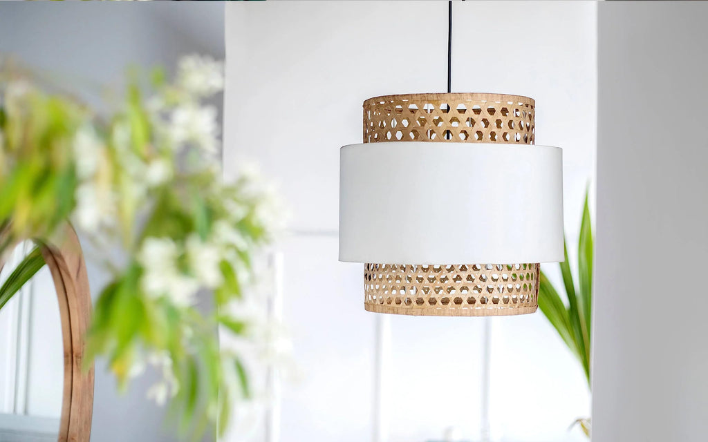 AKWAY Rattan Hanging lamp for Living Room | Bamboo Hanging Light for Bedroom | Cane Wicker Pendant lamp for Home Decoration (Bulb Not Included) (Bamboo Ceiling Lamp with Diffuser)