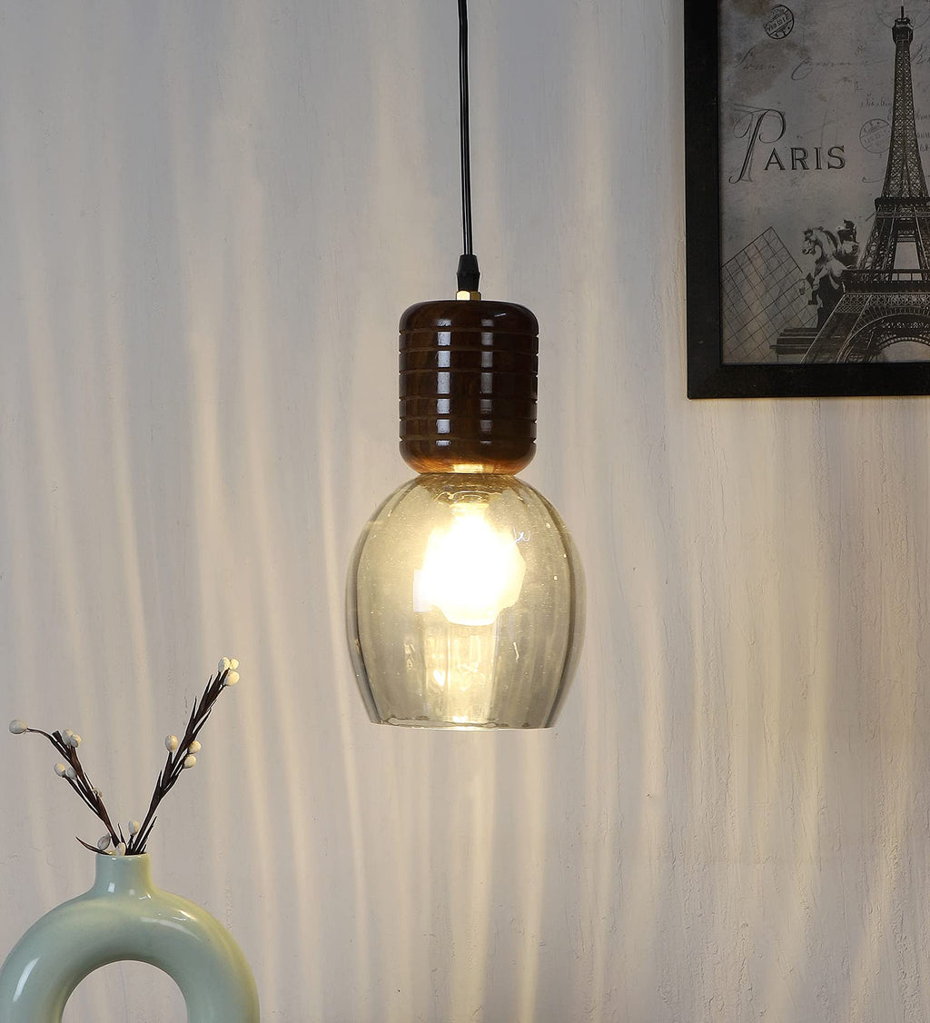Green House Handmade Sheesham Wood Hanging Pendant Ceiling Jhumar | Home Decor Lighting | E27 Bulb Holder(Bulb not Included) | Lustre Glass | Living Room, Dining Room, Bedroom, Hallway