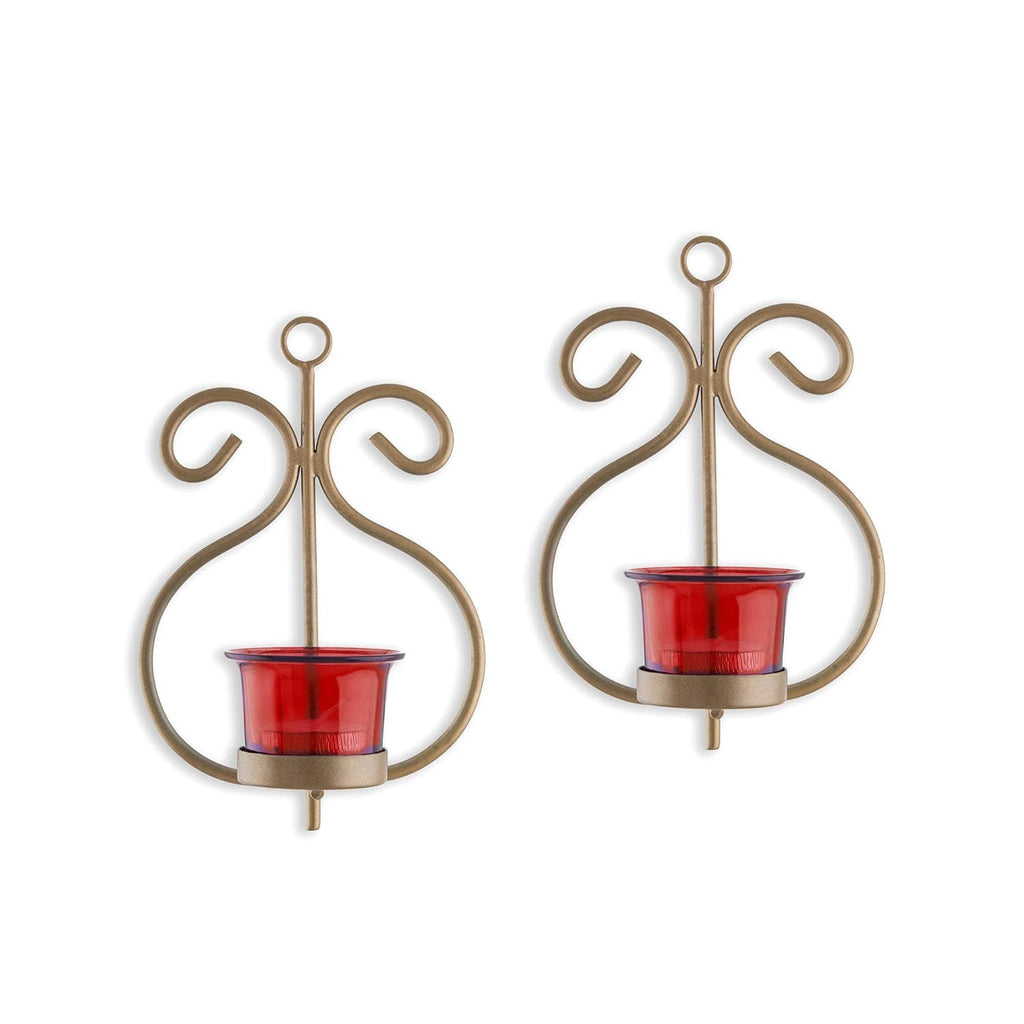 Homesake® Wall Candle Sconce Set of 2 Wrought Iron Candle Holder Hanging Wall Mounted Candle Sconces for Living Room Home Decor, Black with Glass and Free T-Light Candles (Eye Yellow Gold)