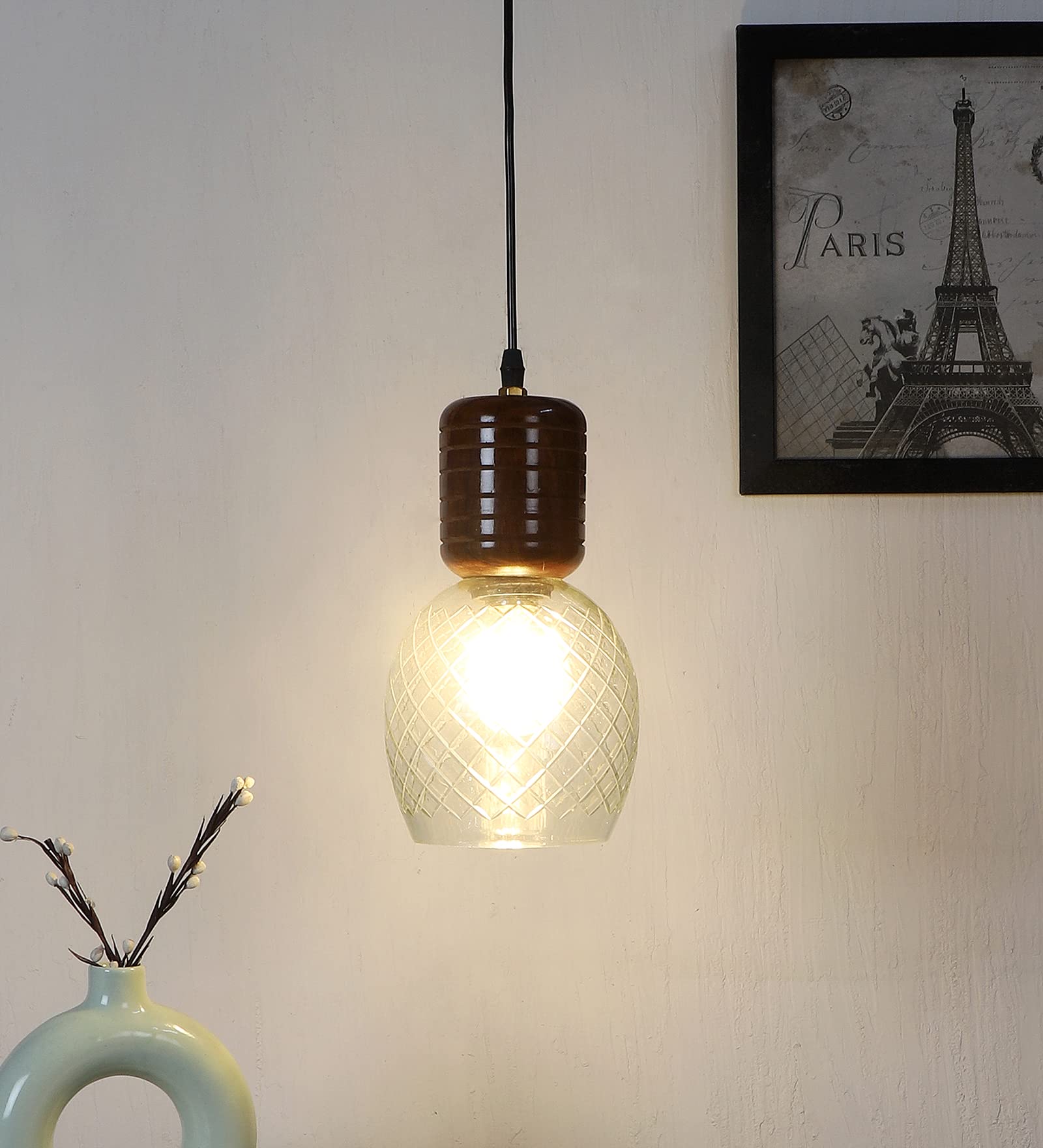 Green House Handmade Sheesham Wood Hanging Pendant Ceiling Jhumar | Home Decor Lighting | E27 Bulb Holder(Bulb not Included) | Lustre Glass | Living Room, Dining Room, Bedroom, Hallway