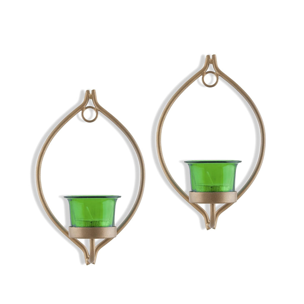 Homesake® Wall Candle Sconce Set of 2 Wrought Iron Candle Holder Hanging Wall Mounted Candle Sconces for Living Room Home Decor, Black with Glass and Free T-Light Candles (Eye Yellow Gold)